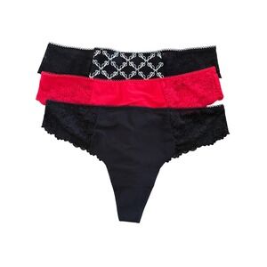 Victoria's Secret PINK Thong Panties Set 3 Pack Red Black Logo Lace Size XL
